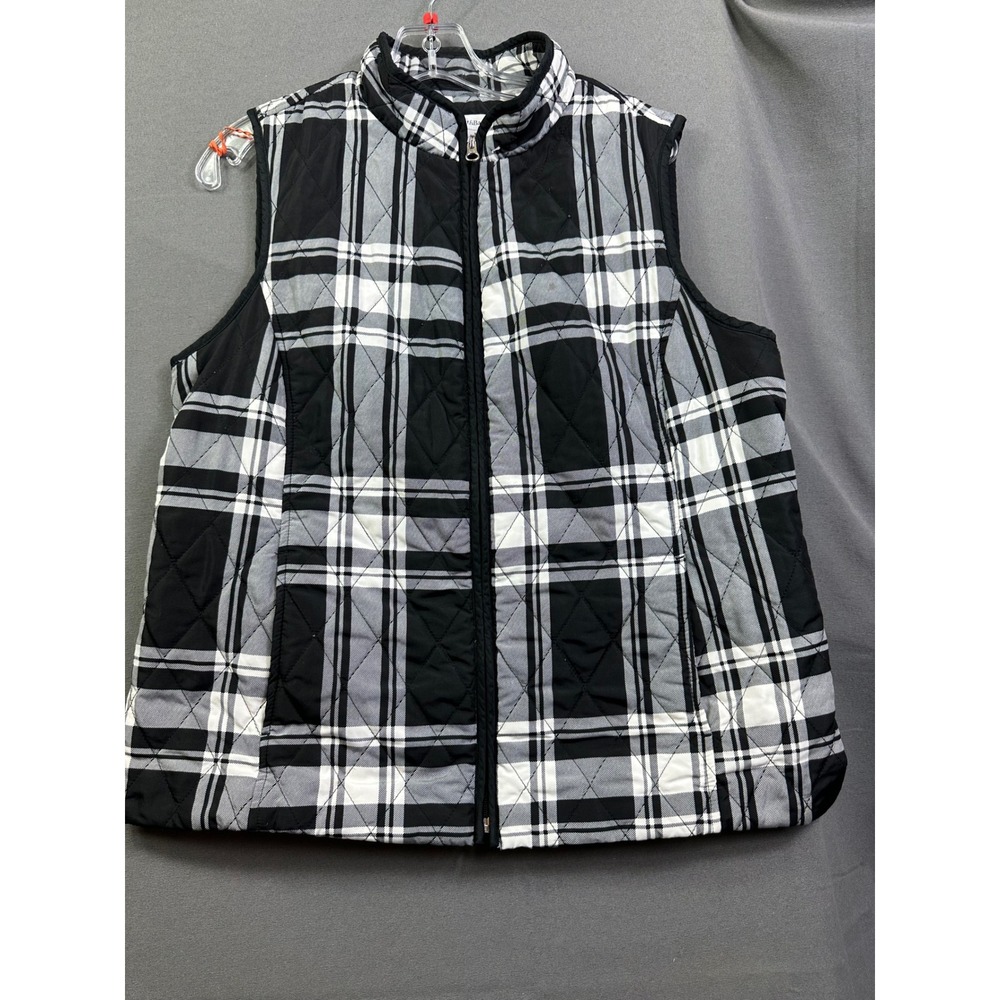 Croft & Barrow Women's Black White Plaid Quilted‎ Puffer Vest Mock Neck sz Large